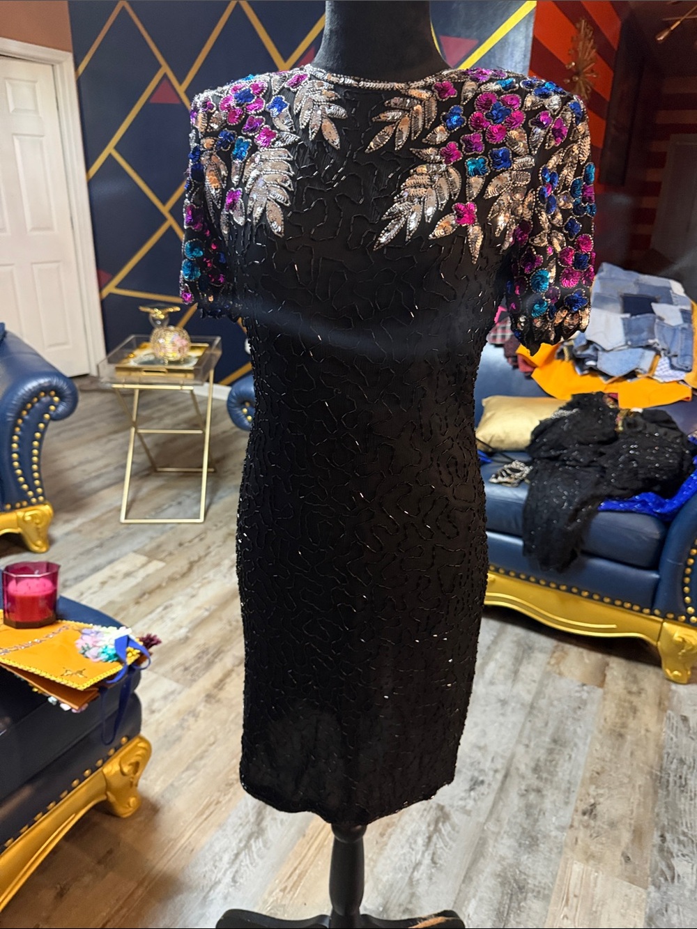 Vintage Silky Nites Sequin Black Cocktail Dress with Multicolor Floral